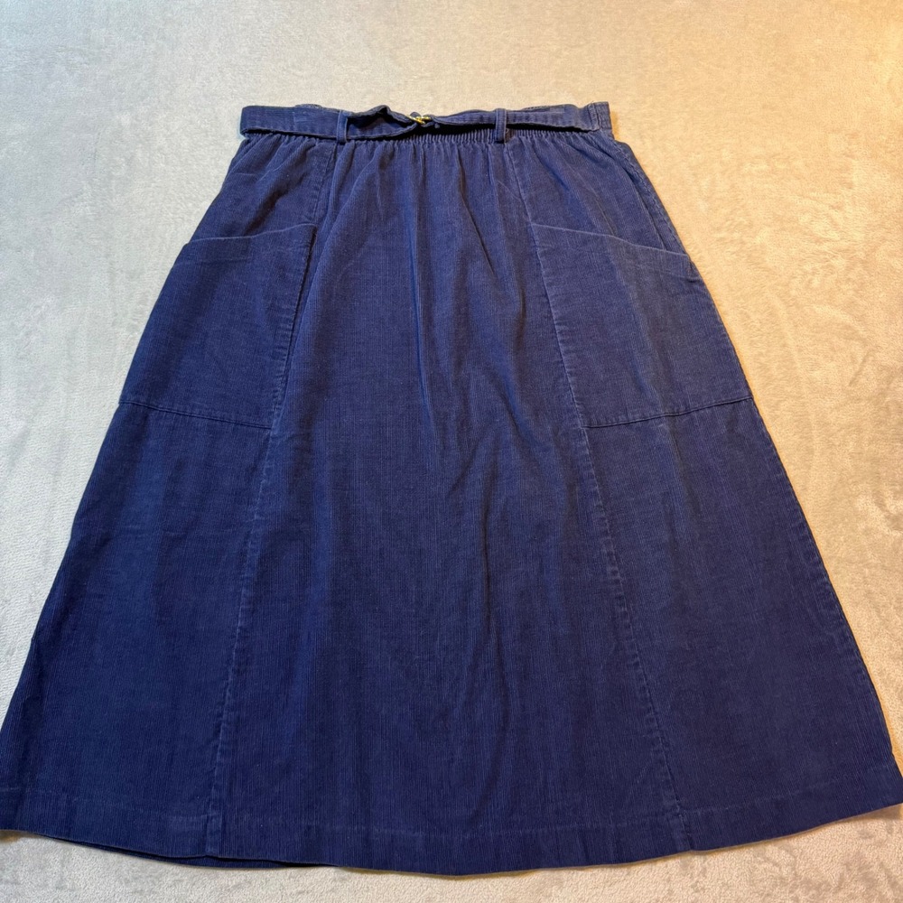 Vintage Navy Blue Corduroy Midi Skirt A-Line DRing Belt Pockets Plus Size 18 USA